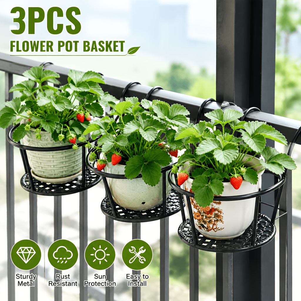 TEMU 3pcs Hanging Railing Planter Baskets, Black Metal Flower Pot Holder, Weather Resistant Iron Plant Hanger For Balcony Fence Porch Outdoor Garden