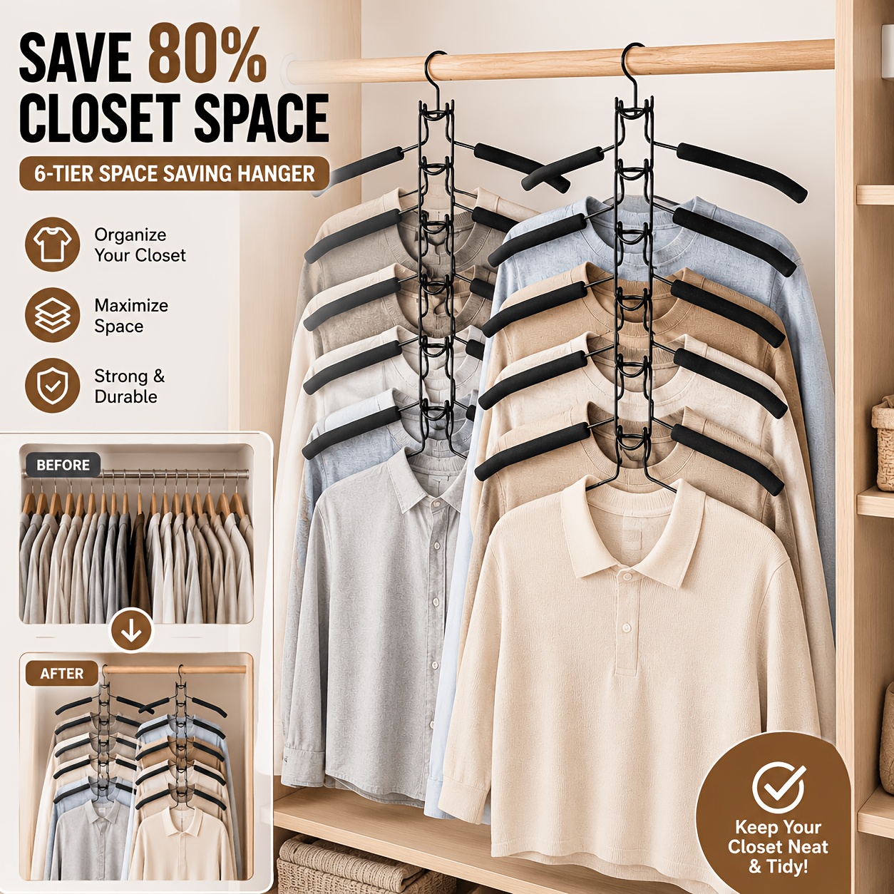 TEMU 2-pack Heavy-duty Space-saving Multi-functional Hangers - Metal With Anti-slip Foam Pads, Suitable For Coats, Sweaters, And T-shirts
