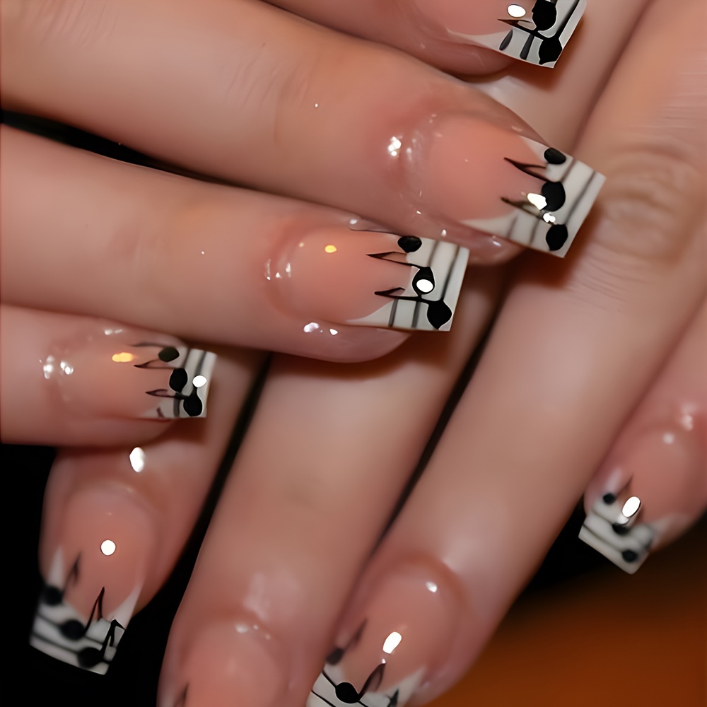 

24 Pcs Glossy Medium Square Press On Nails In Pink And White With Musical Note Pattern - Reusable Fake Nails For Women And Girls