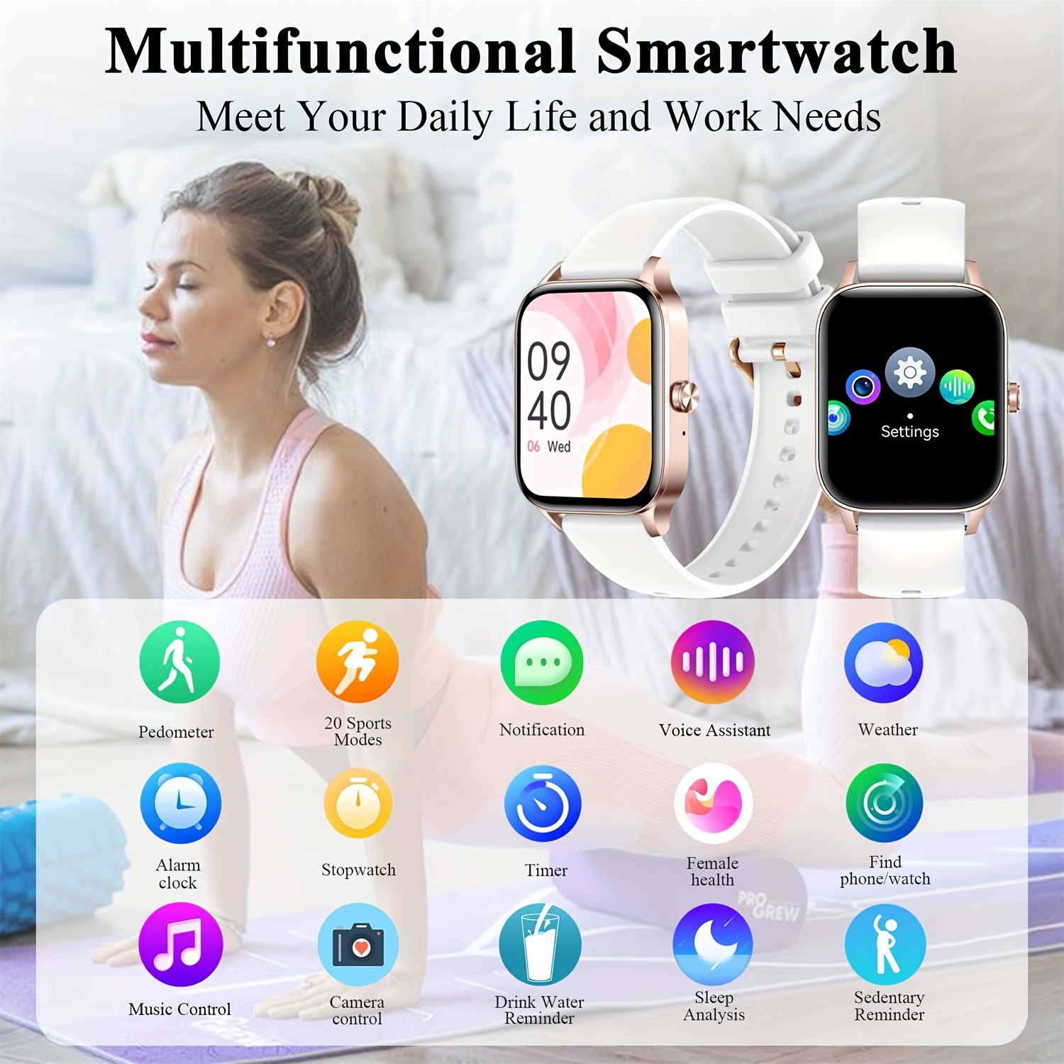 smart watch for men and women hd large screen ip68 waterproof call functionality assistant weather forecast sedentary reminder sports customizable faces usb charging compatible with iphone smart watch for phones details 6