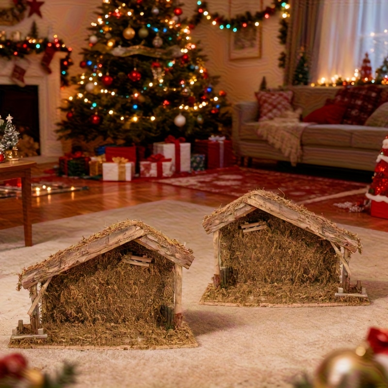 Image of A Large Two-piece Christmas Moss Cabin Scene - A Handcrafted Vintage Wooden Decoration For Christian Homes And Churches, Ideal For Setting A