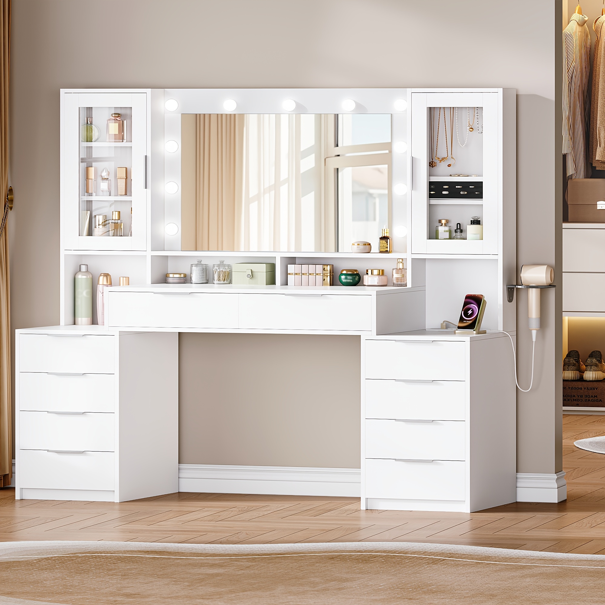 150 cm large vanity table with led lighting and power strip vanity table with mirror three   setting 10 drawers jewelry storage white silvery