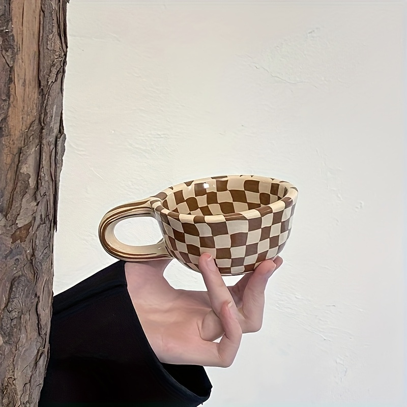 Image of 1pc Checkered Mug, High Aesthetic Creative Niche Design Ceramic Mug, Milk Cup, Suitable For Home Decor, Breakfast Cup, Afternoon Tea Coffee, , Latte Art Cup, Gift