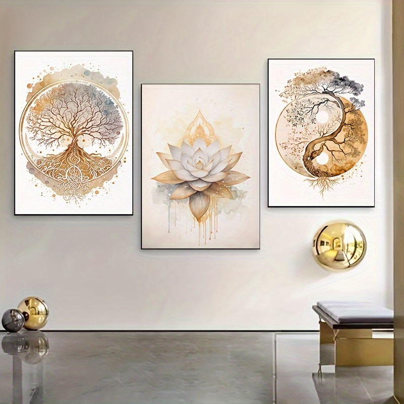 

3-piece Art Deco Canvas Posters - Modern Tree Of Life & Lotus Flower Prints For Living Room, Bedroom - Indoor Frameless Oil Painting Wall Art, Portrait Orientation, 15.7x23.6 Inches