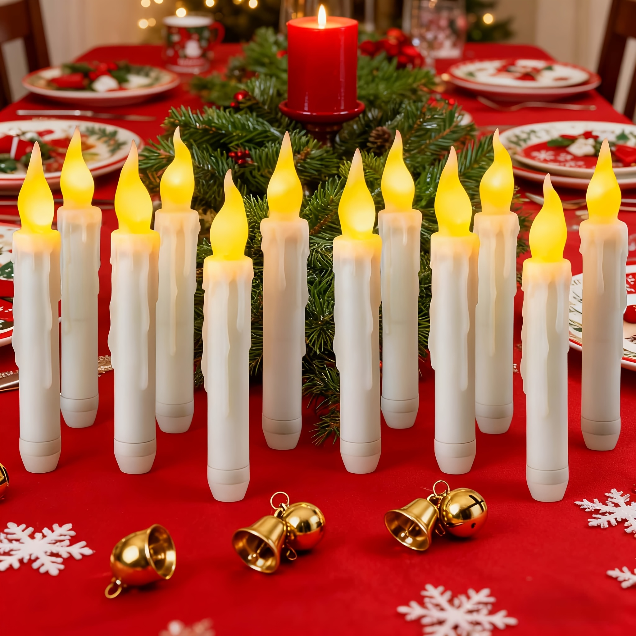 E-shop 12er-Pack Batteriebetriebene Flammenkerzen - Realistische gelbe LED-Leuchten für Halloween, Weihnachten, um eine gruselige Atmosphäre für