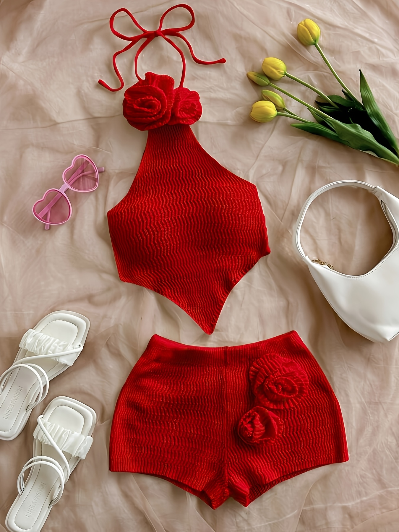 handmade 3d floral halter neck vest with   scarf   backless belly band   short shorts     fabric two piece set summer   Product details 10