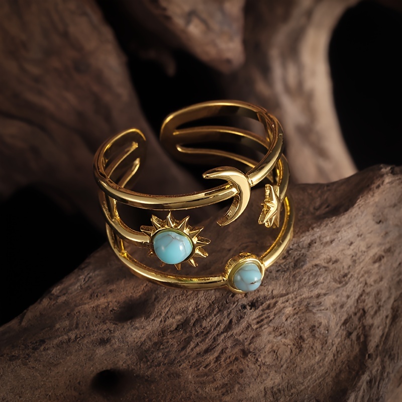 Adjustable Stainless Steel Ring with Moon Star Sun Turquoise Inlay