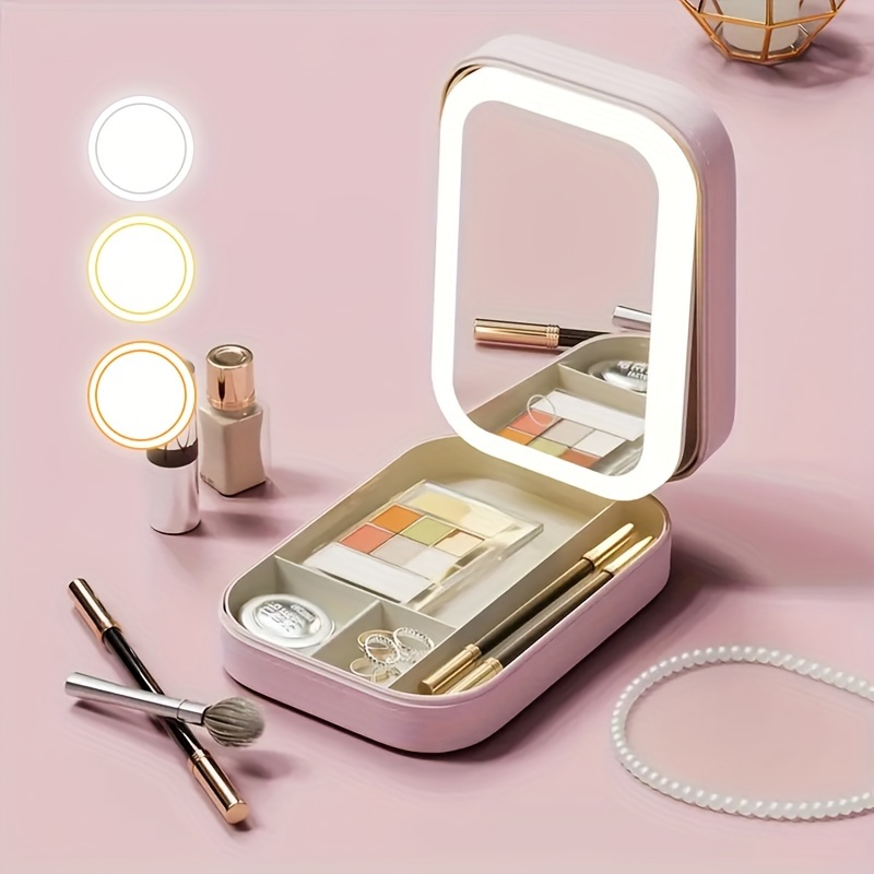 

Étui de maquillage en cuir PU portable avec miroir LED, boîte de voyage cosmétique à éclairage tricolore réglable, organisateur de bijoux, cadeau de vacances