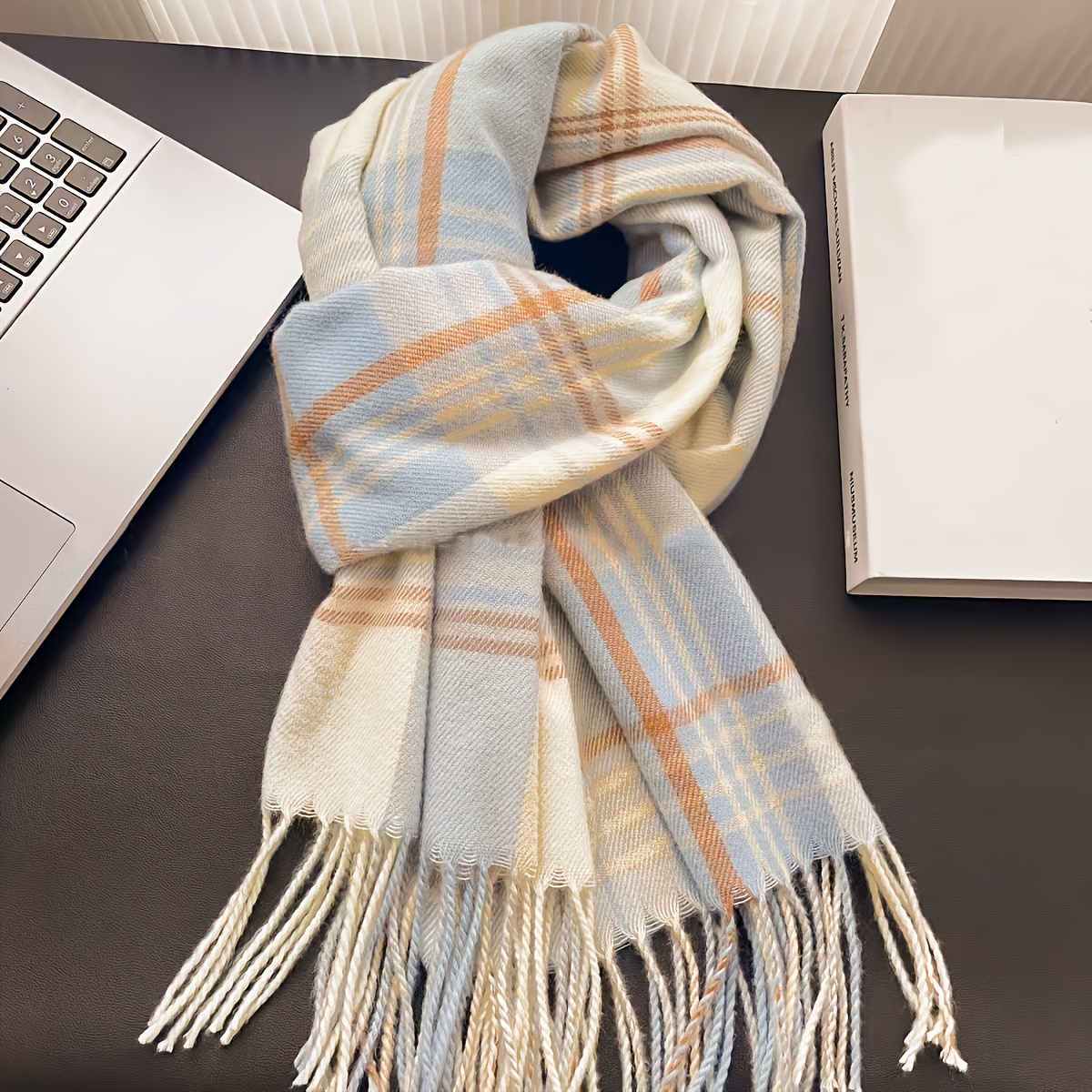 2025 Autumn And Winter Thick Striped Scarf with an Elegant Tassel Design, Available in Beige And Blue, Windproof And Warm, a Fashionable Item for Women