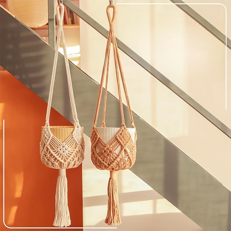 

Boho Chic 2-piece Macrame Plant Hangers With Patterns - Indoor/outdoor Crochet Planters For Up To 8" Pots, Available In White And Brown