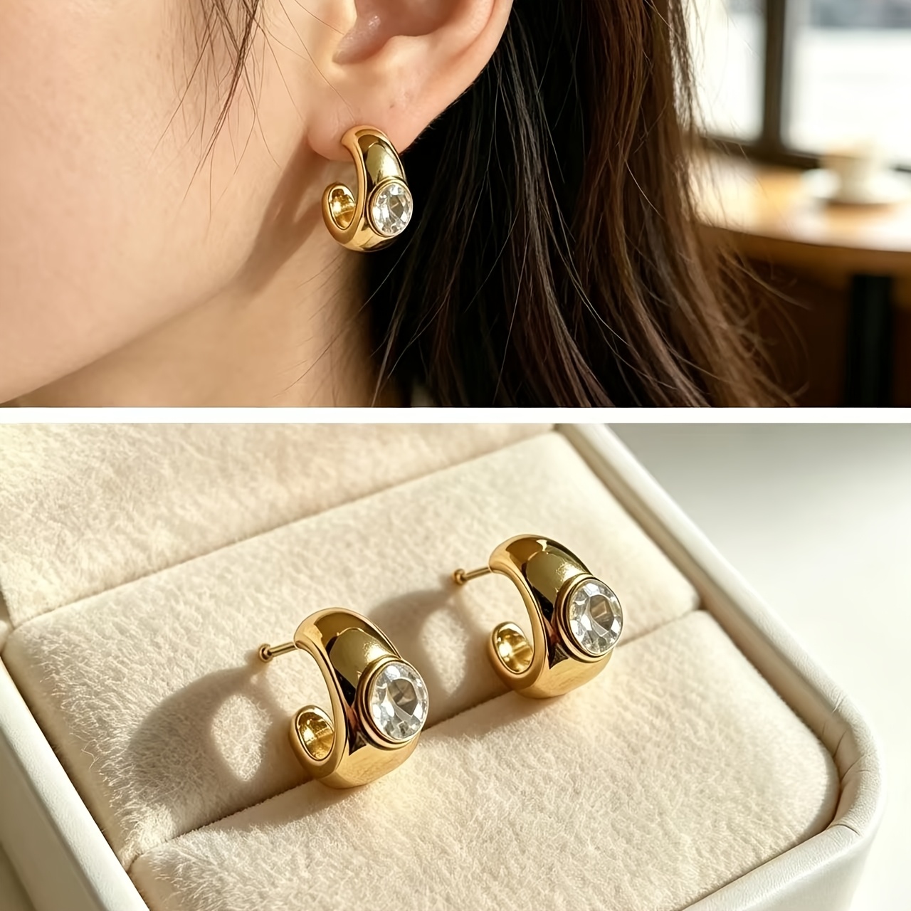 Women's 18K Gold-Plated C-Shaped Ear Studs with Rhinestone Inlays