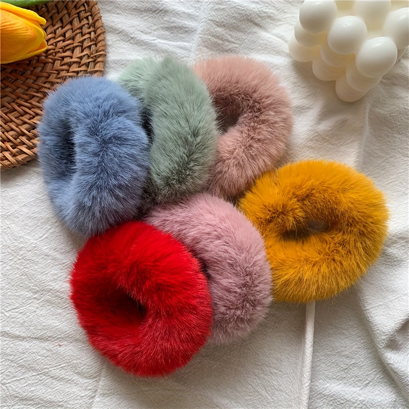 TEMU 6-pack Artificial Hair Loops, Fluffy Hair Ropes, Furry Hair Bands, Wristbands, Hair Ties, Ponytail Clips, Women' Essentials
