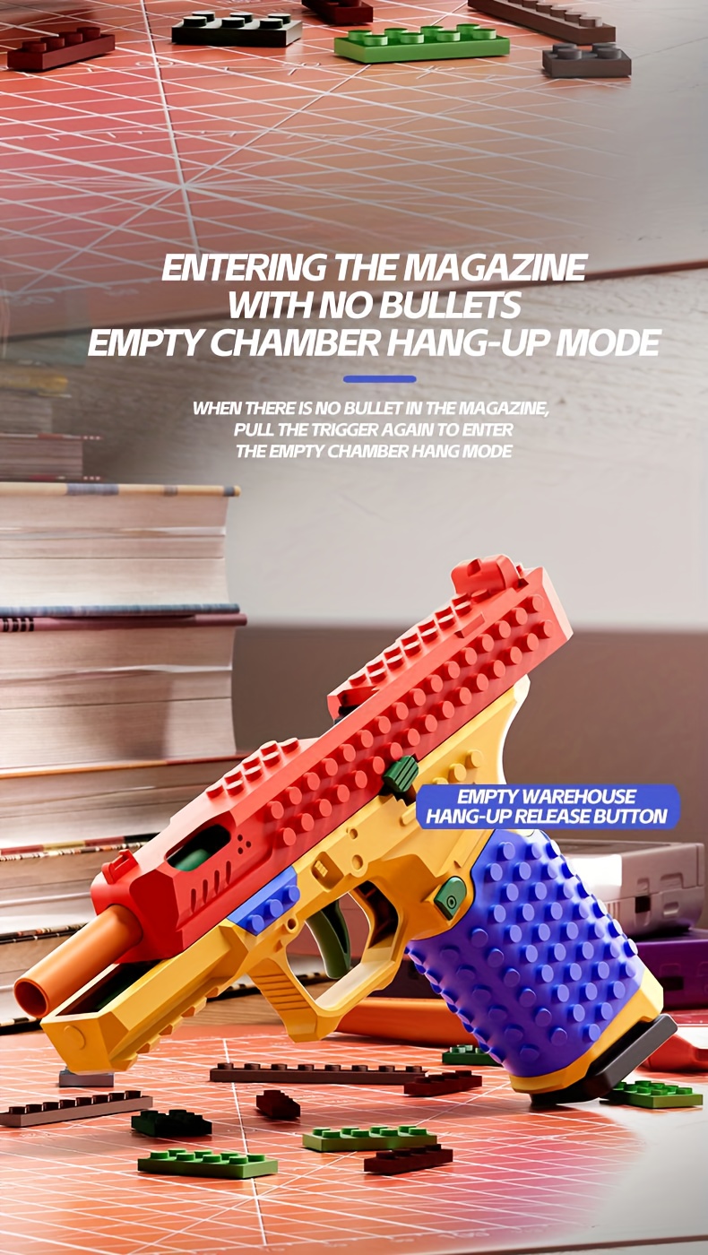 an   model of a building block gun featuring a realistic   system this safe and non toxic stem toy requires no batteries and   in a vibrant red yellow and blue color scheme making it   christmas birthdays Product details 5