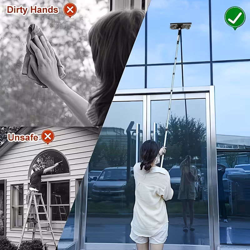 a 2 in 1 high pole window cleaning kit featuring 10 extendable rods reusable microfiber cloths and a squeegee requires no electricity and is machine washable details 0