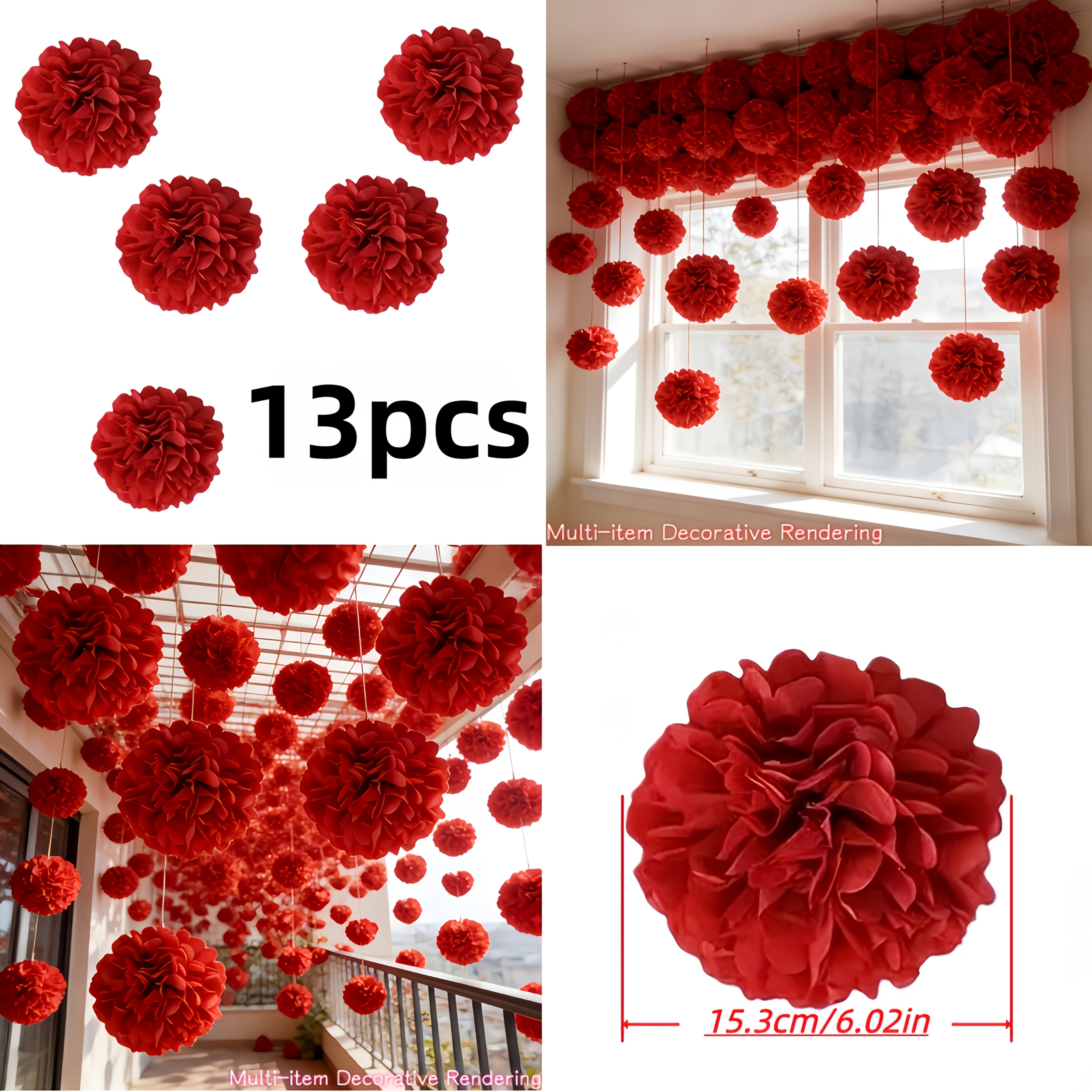 TEMU 13pcs Red Paper Pom-poms, Handmade Flowers, Indoor And Outdoor Hanging Decorations, Outdoor Holiday Party Decorations, Photography Props, Spring
