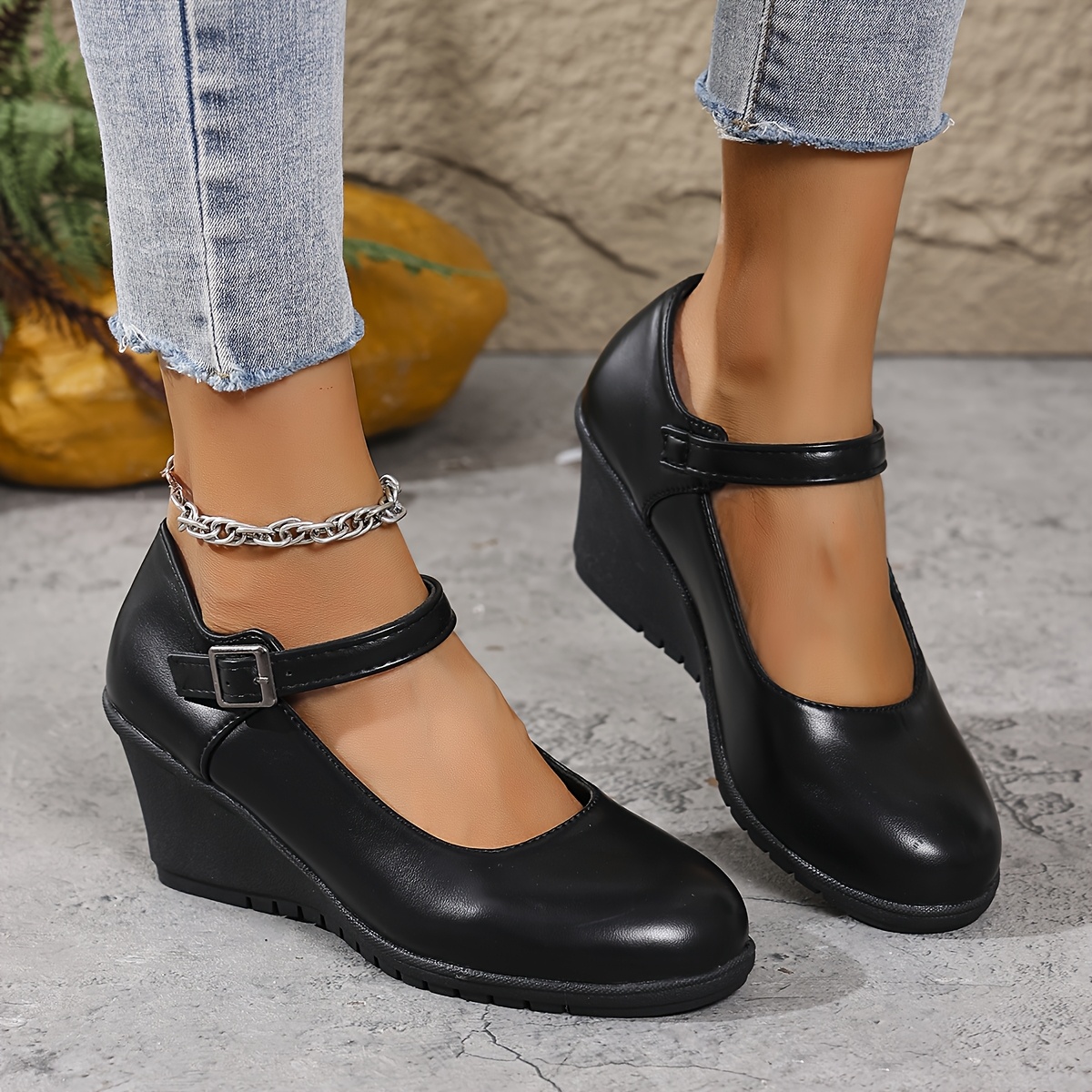 Zapatos de Cuña con Plataforma Sintéticos Negros para Mujer con Correa  Ajustable al Tobillo y Gruesa Cómoda, Versátiles para Atuendos