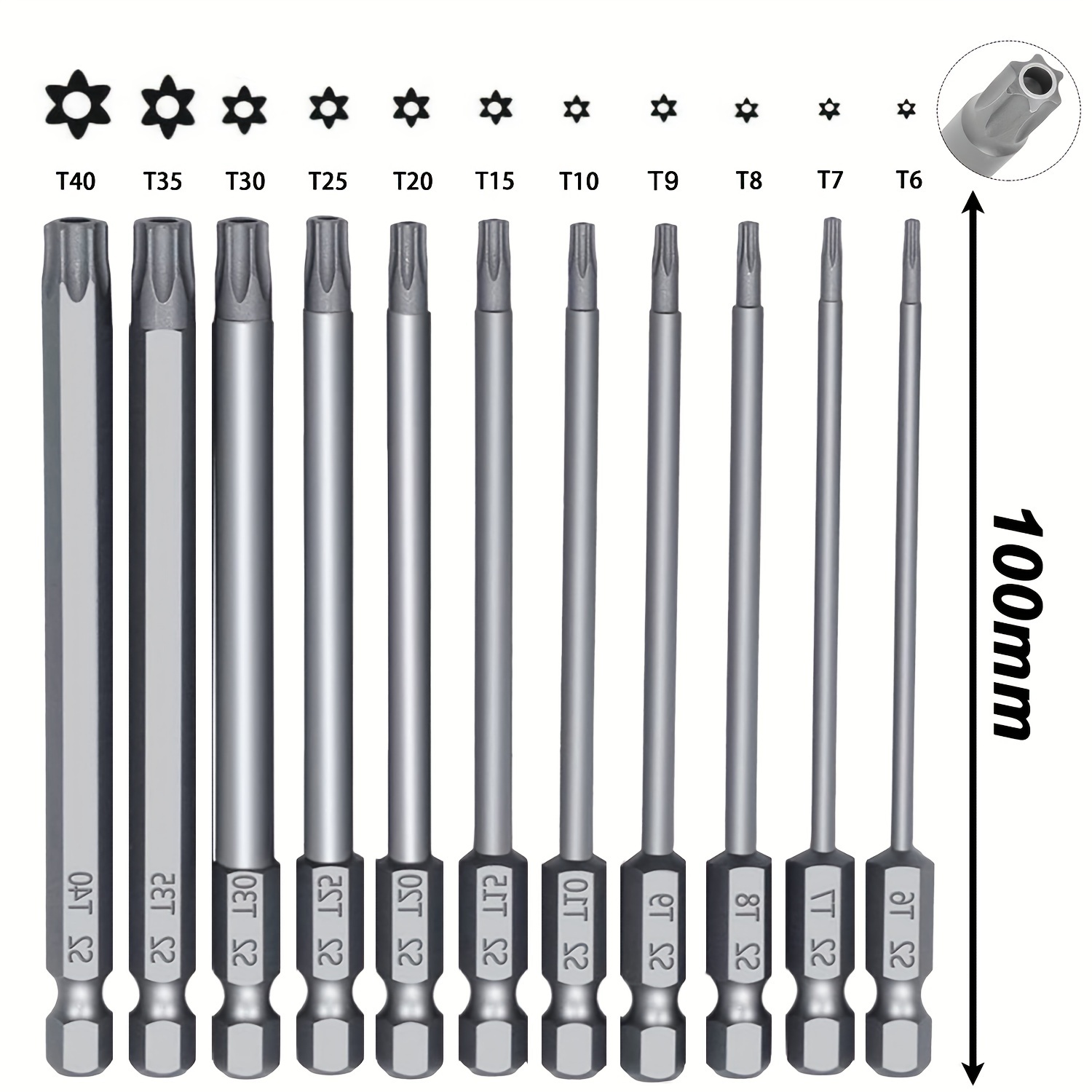 12-teiliges Torx-Bitset – 50 Mm, S2 Stahl, 1/4 Zoll Sechskant, Manipulationssicher