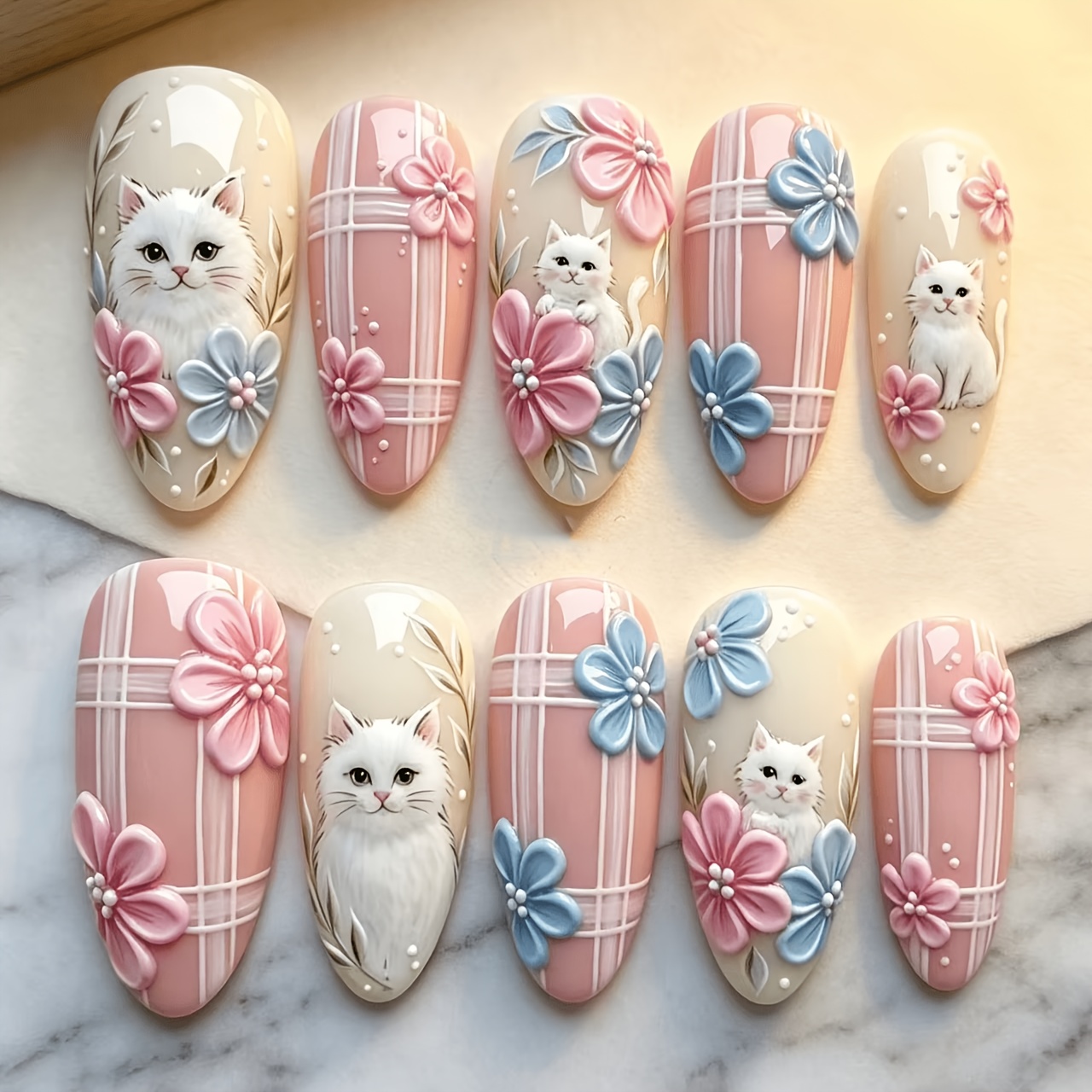 TEMU 10pcs Almond-shaped Girly Heart Style 3d Relief Cat Color- Small Floral Nude Pink Detachable Wearable Nails Nail Art
