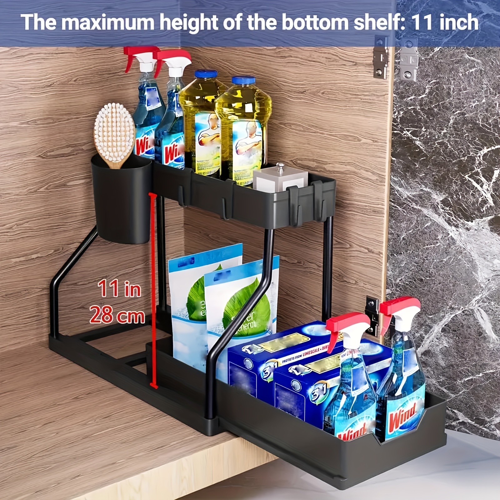 2-Pack Under Sink Organizer with Sliding Shelves, Black and White Plastic Storage Baskets for Bathroom and Kitchen Cabinets