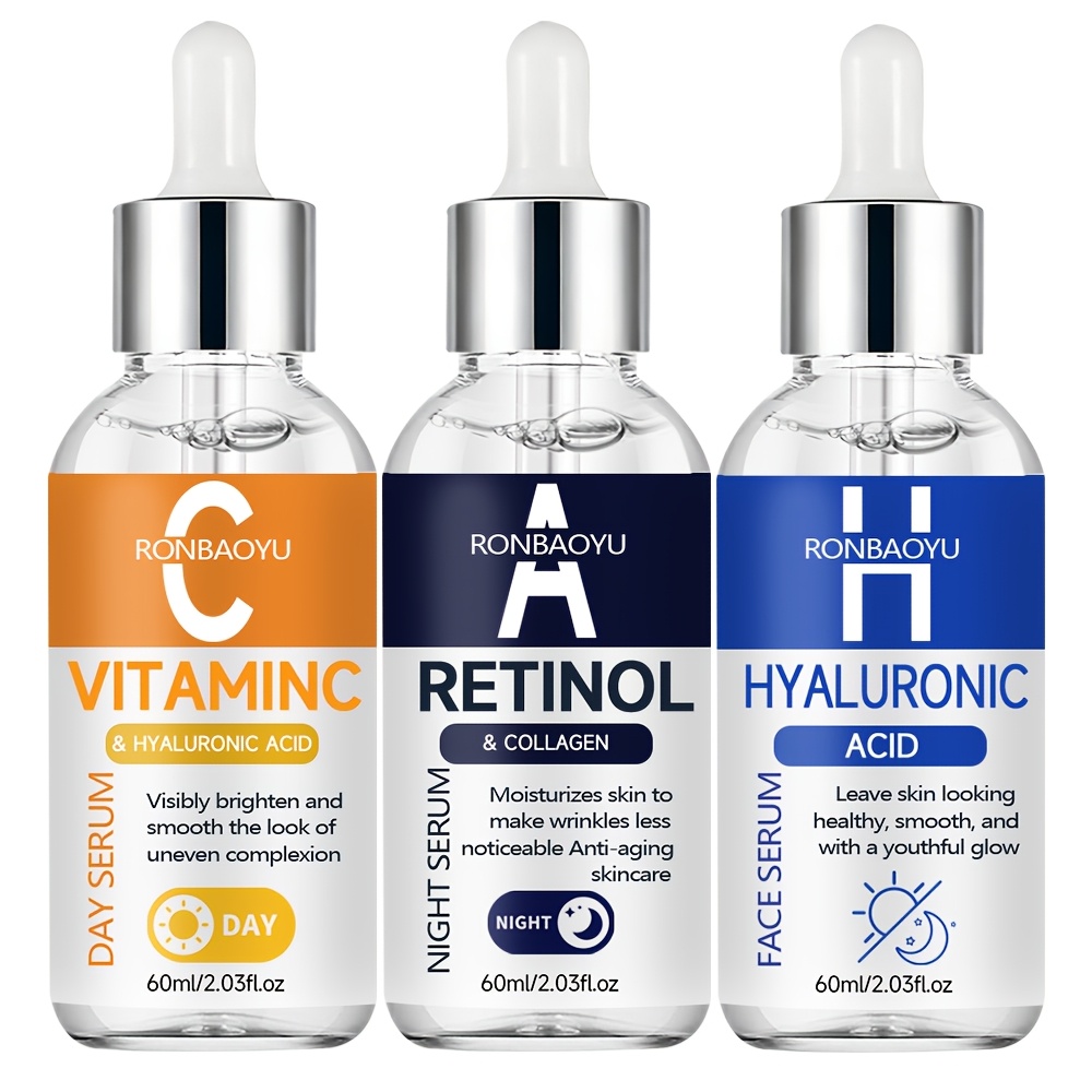 RONBAOYU Set Triplu Seruri 3 Bucăți cu Vitamina C, Retinol, Acid Hialuronic, Colagen, Acid Tranexamic, Niacinamidă și Glutation, pentru Luminozitate, Fermitate, Hidratare Profundă, pentru Toate Tipurile de Piele, Utilizare Zi și Noapte, Esențial pentru Călătorii