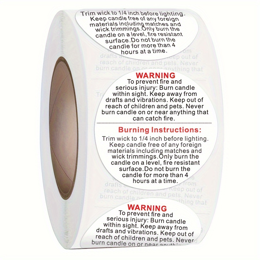 

500 Pcs/roll - 1 Inch Round Black And White Warning Labels, Self-adhesive, Water-resistant, Fade-proof Paper Stickers In English For Candle Safety Instructions