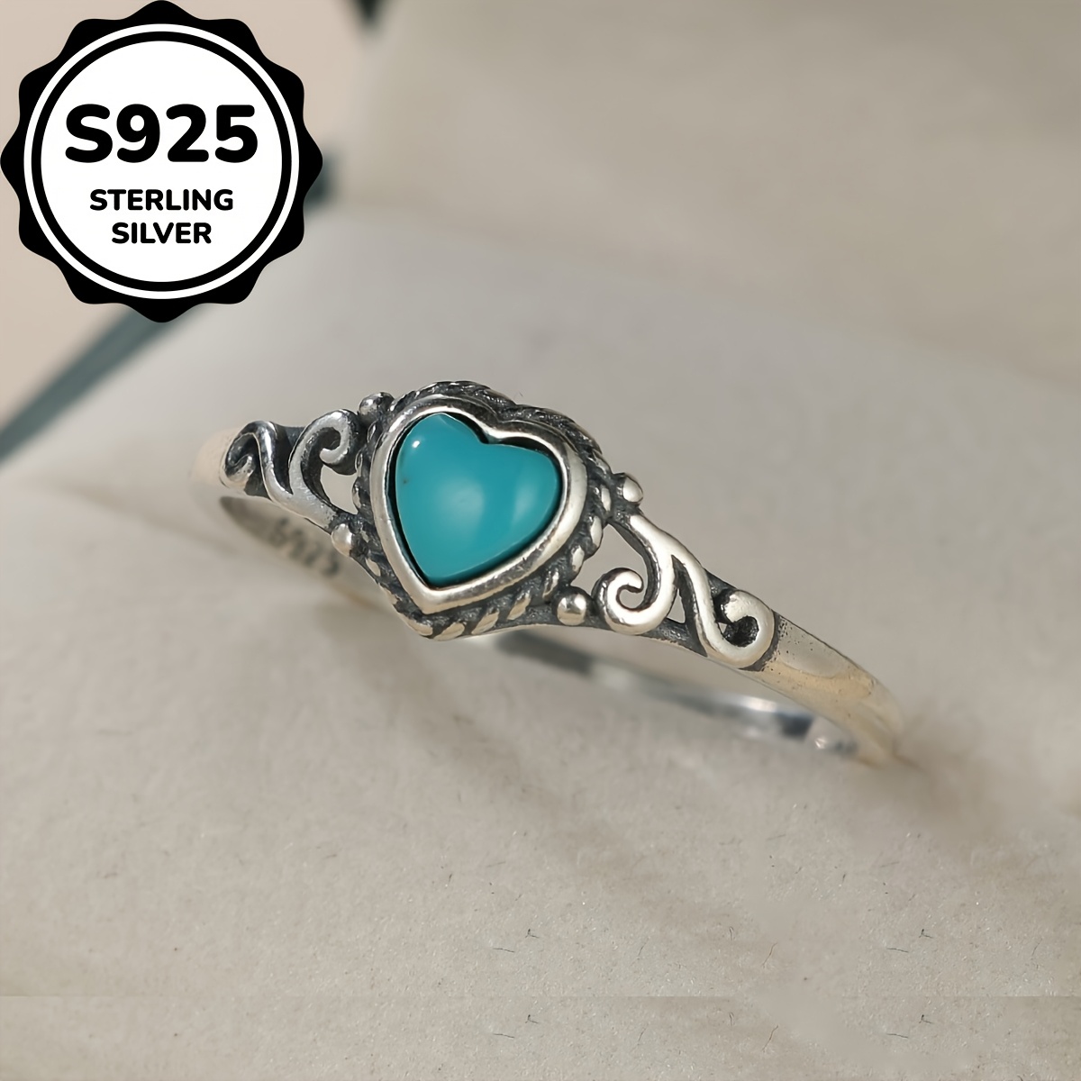 

Pure Silvery S925 Vintage Peach Heart Turquoise Blackened Women's Ring Simple And Unique Light Luxury And Elegant Ring 2.2g