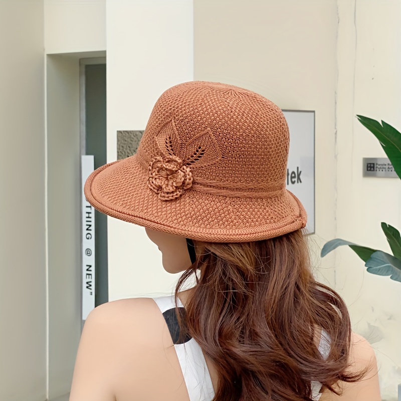 

1pc Breathable Knitted Flower Bucket Hat, Lightweight Sunshade, Foldable & Portable Outdoor Cap, Ideal Gift For Mom