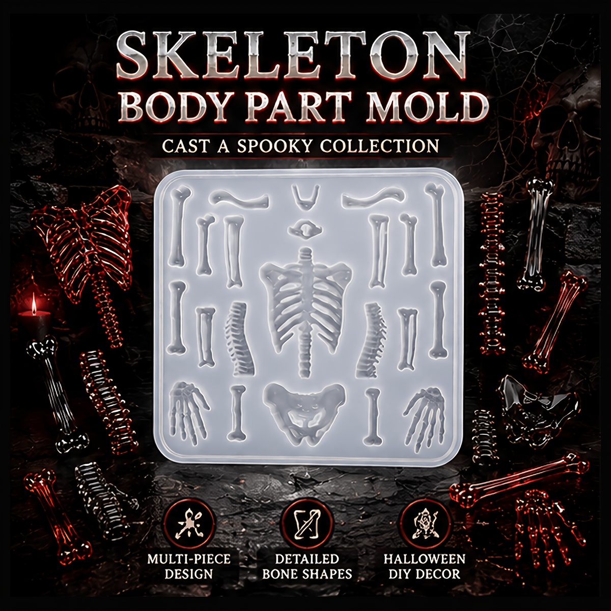 TEMU Moule en silicone-résine, Moule de coulée pour figurine de squelette gothique et ossements, Moule artisanal en résine époxy pour Halloween, pour