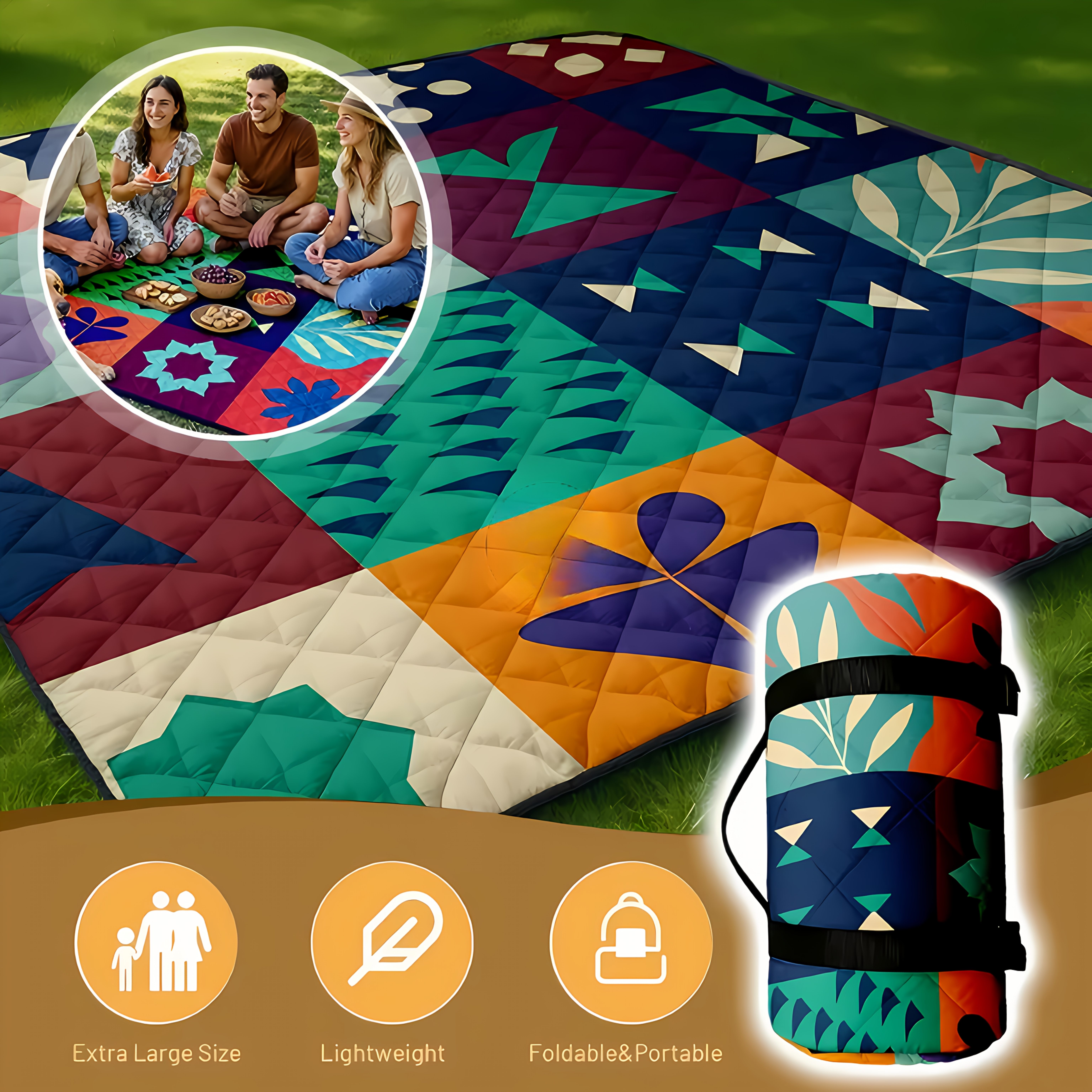 Image of Large 195x195cm Picnic Blanket, Self-folding With 2 Closure, Portable Quilted Camping Mat, Machine Washable, For Beach, Park, Camping Gatherings Non-food Direct Contact