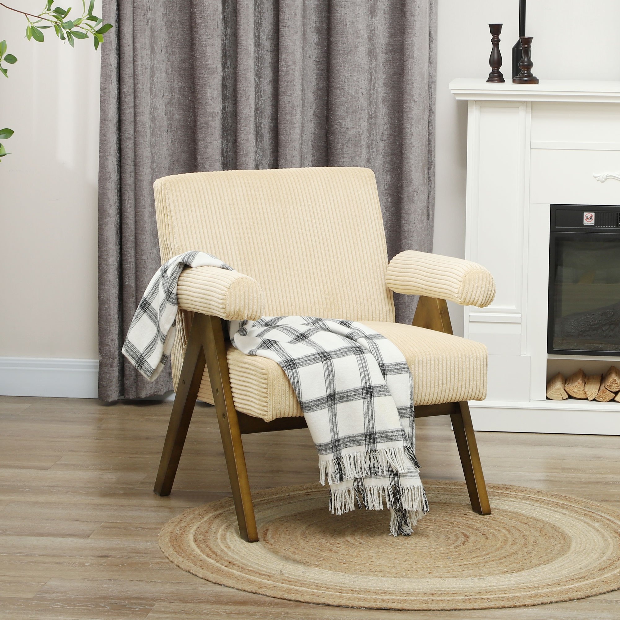 TEMU 1pc Homcom Modern Corduroy Accent Chair - Solid Hardwood Legs, Polyester Upholstery, Padded Armrests, Comfortable Sponge Filling, Ideal For