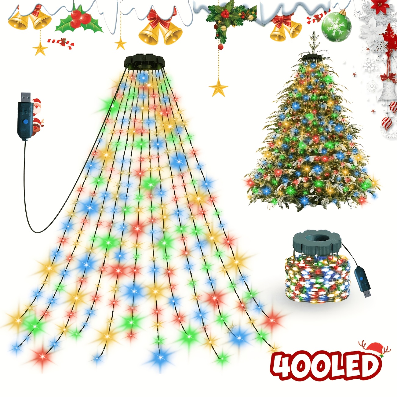 TEMU 1 Pack Christmas Waterfall Tree Lights, Indoor Christmas String Lights, 20/11 Strands 220led/400led, 2m Waterfall Tree Lights, Usb Plug Powered,