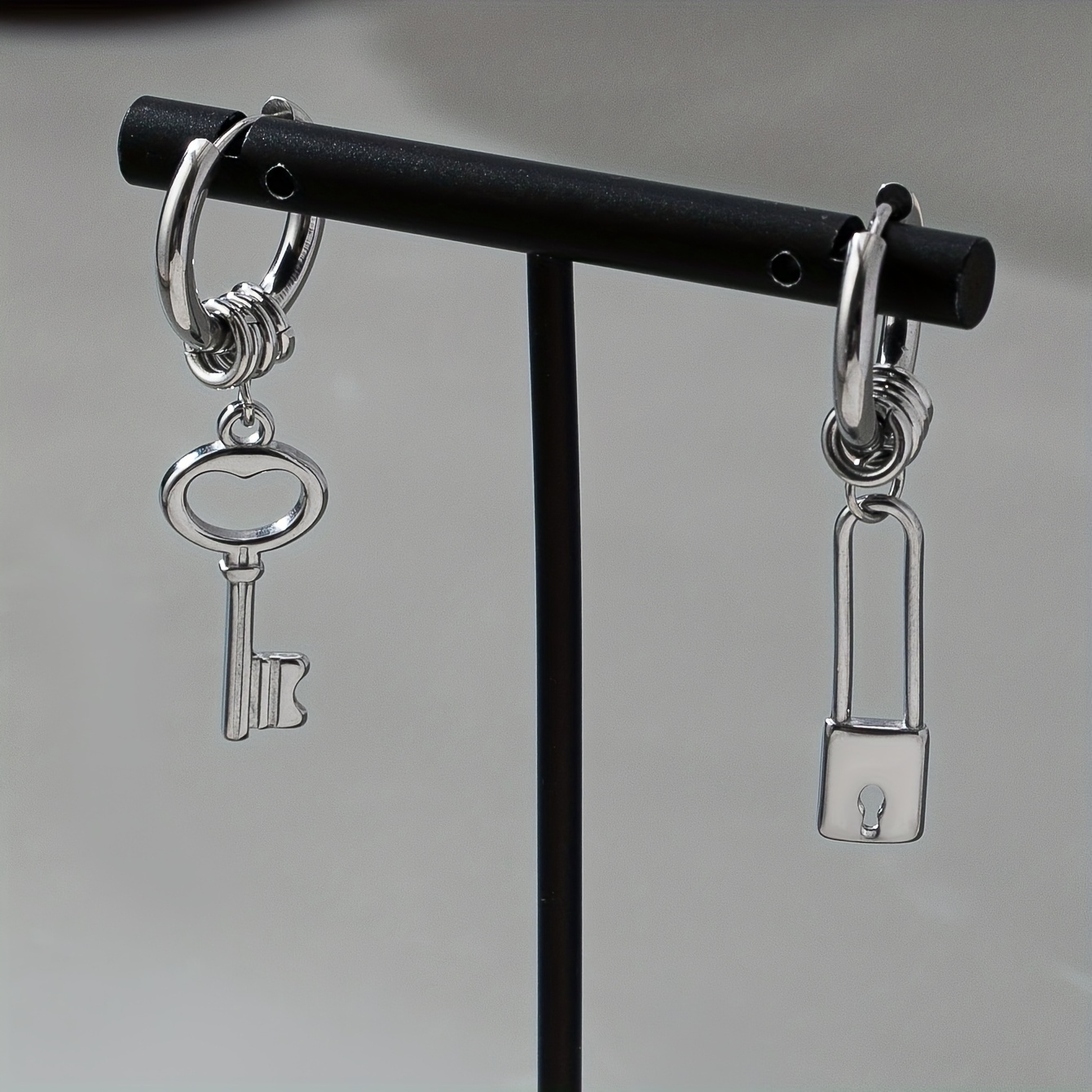 Women's Punk-Style Asymmetrical Lock and Key Earrings