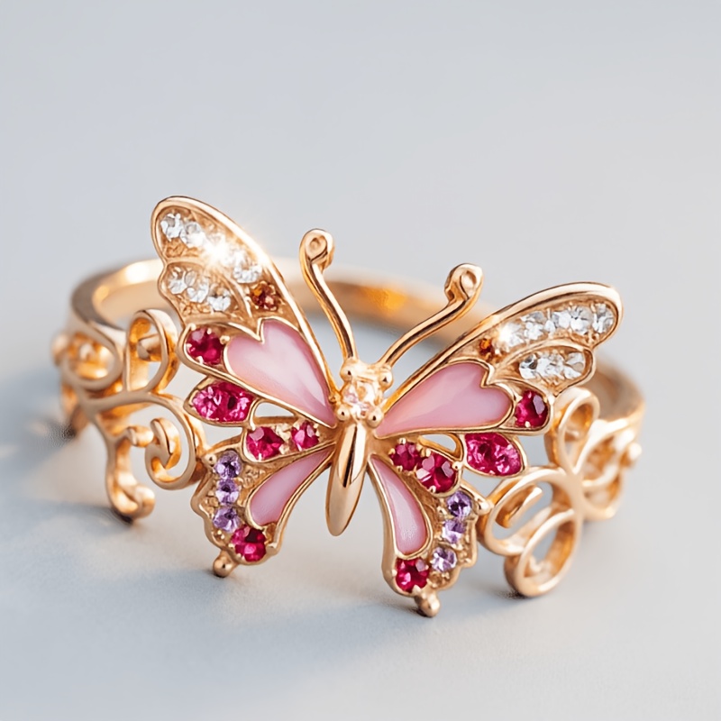 Retro Elegant Filigree Butterfly Ring with Pink Multicolor Zirconia