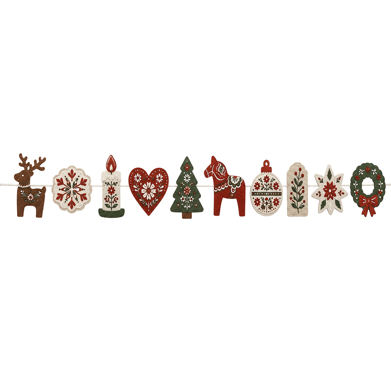 Image of 10-pack, Christmas Season Felt Wreaths, Scandinavian Ethnic Style Reindeer And Pine Branch Wreath Ornaments, Holiday Hanging Banner Decorations