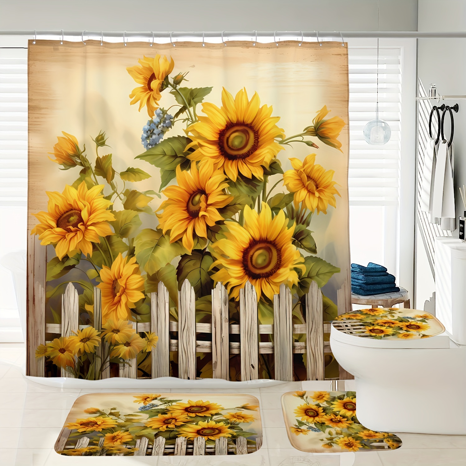 

Sunflower Shower Curtain Set With Non-slip Bath Mats And Toilet Lid Cover, Woven Polyester Forest Theme Bathroom Decor With Lining And Cordless Design, Digital Printed Floral Ensemble With 12 Hooks