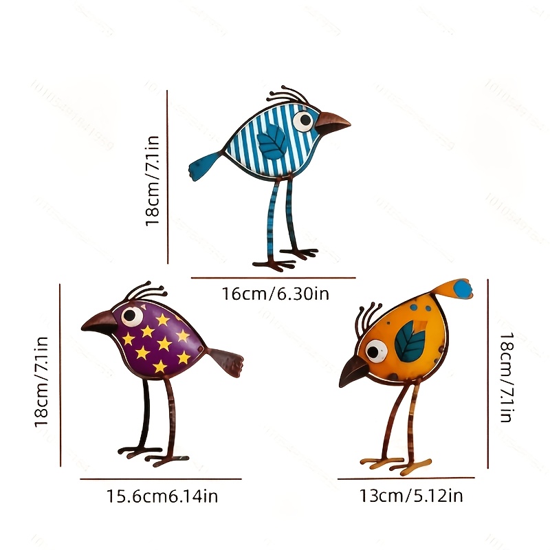 Image of Fun Metal Bird Wall Decor Set, 3 Colorful Birds, Perfect For Walls, Fences Decoration, Durable Iron Construction