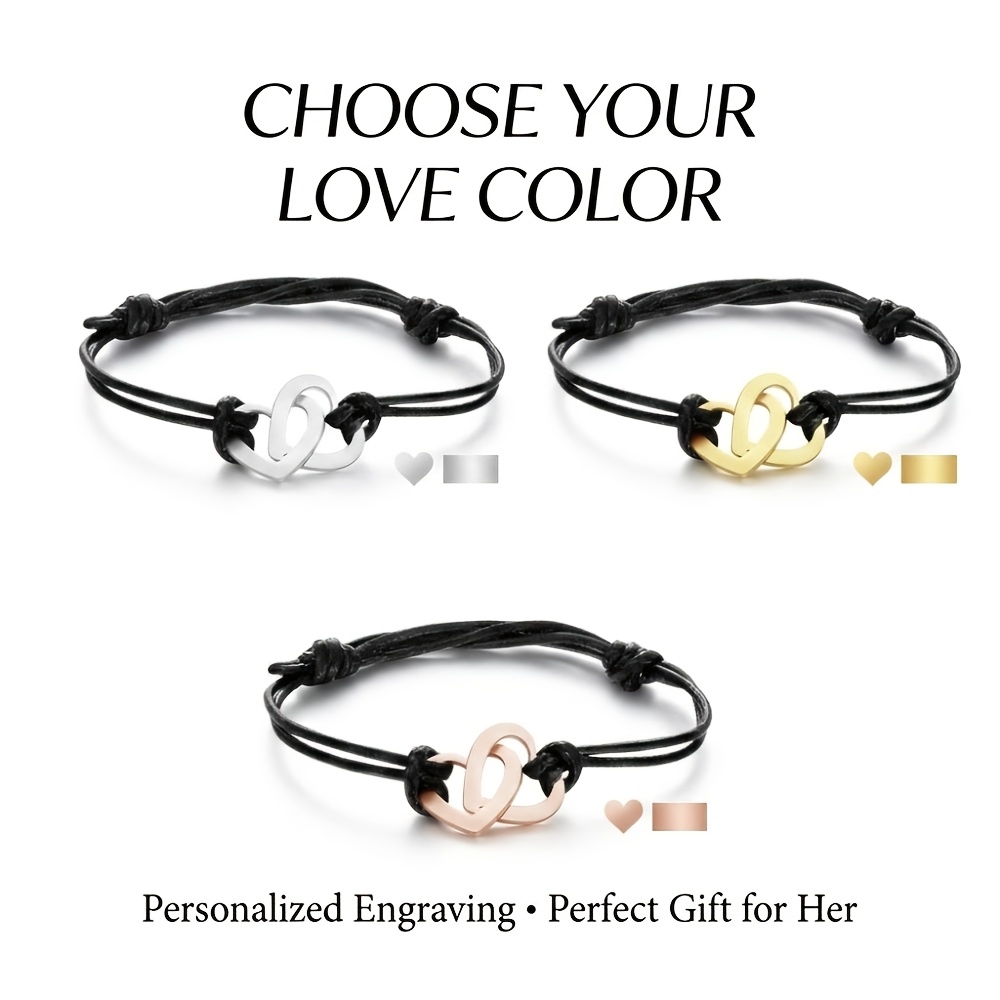 TEMU Bracelet Double Cœur Personnalisé avec 2 Gravés – Bijou de Couple Personnalisé pour Elle/Lui, Cordon en PU Réglable avec Anneaux Emboîtés en