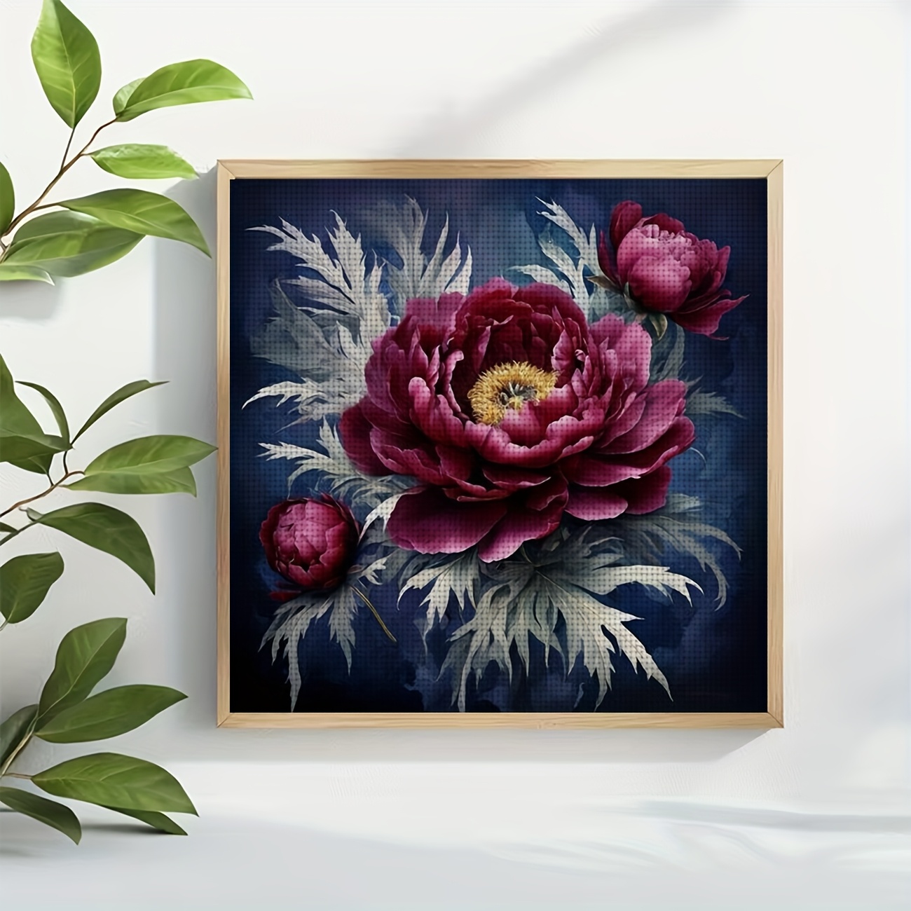 Frameless Printed DIY Cross Stitch Kit with Peony on Dark Background Design