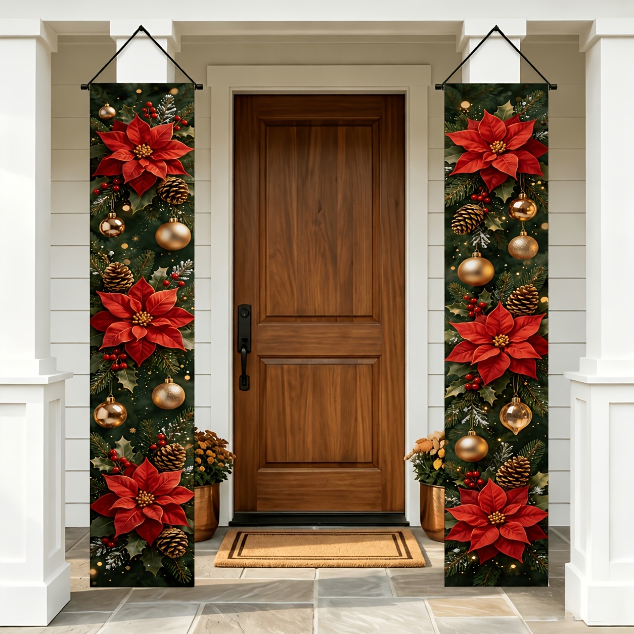 TEMU 2d Flat, 2d Flat Banner, 2pcs, Christmas Poinsettia Themed Door Banner, 30Ã180cm (11.8Ã70.8in), Featuring Poinsettias, Pine Cones, Christmas