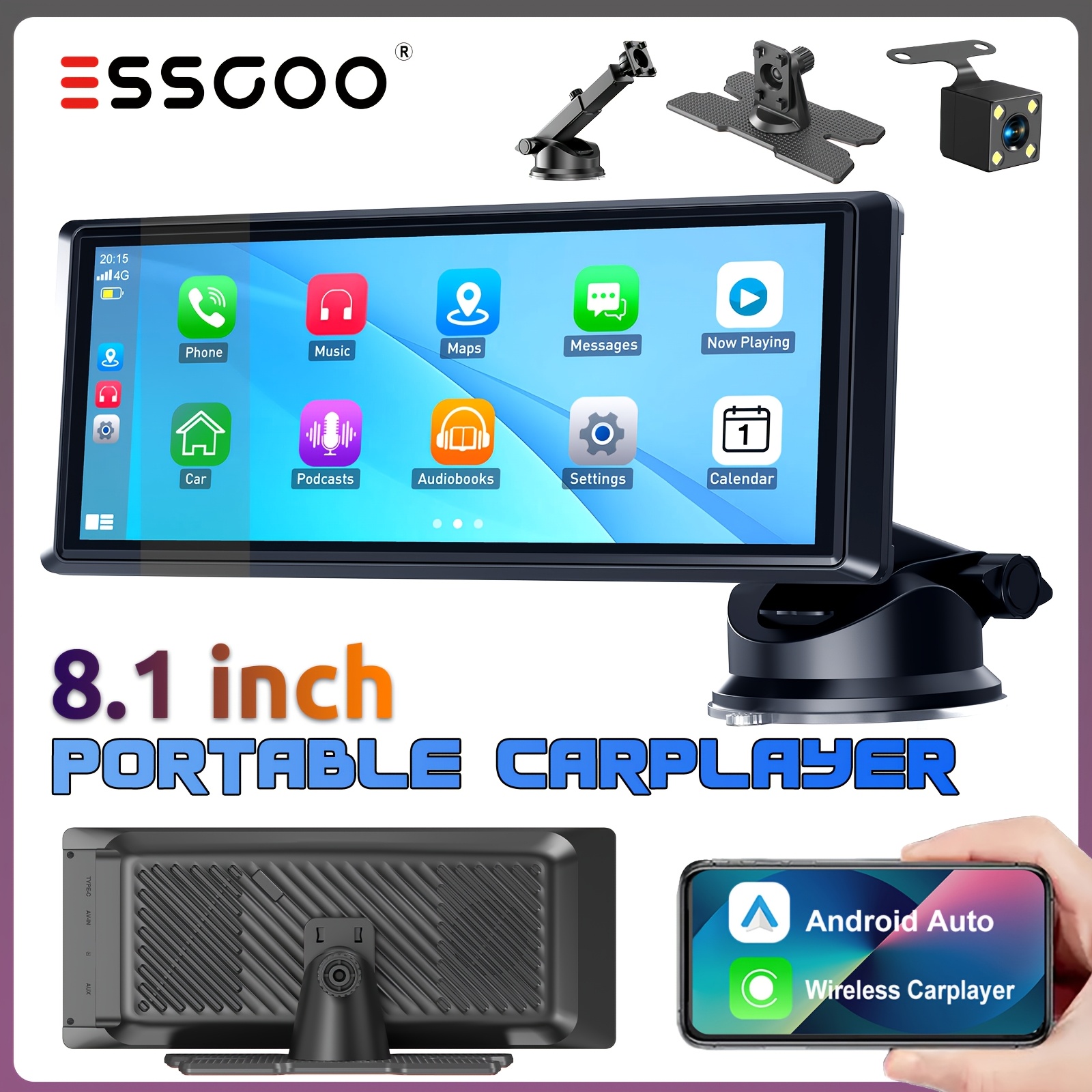 Image of Essgoo For Auto & Carplay With A Backup Camera | 8" Portable Ips Touchscreen | 2 Mounting Brackets | Car Multimedia Player And Additions