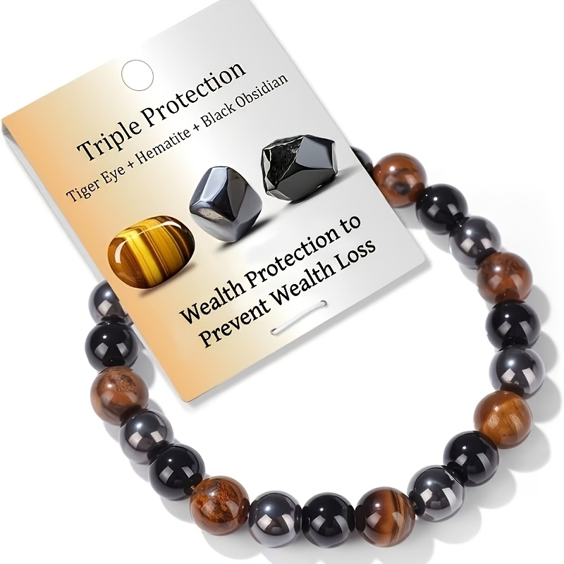 TEMU 1pc Natural Stone Bracelet Men Women 8mm Tiger Eye Hematite Natural Stone Beaded Elastic Bracelet Avoid Wealth Loss Handmade Gem Reiki Jewelry