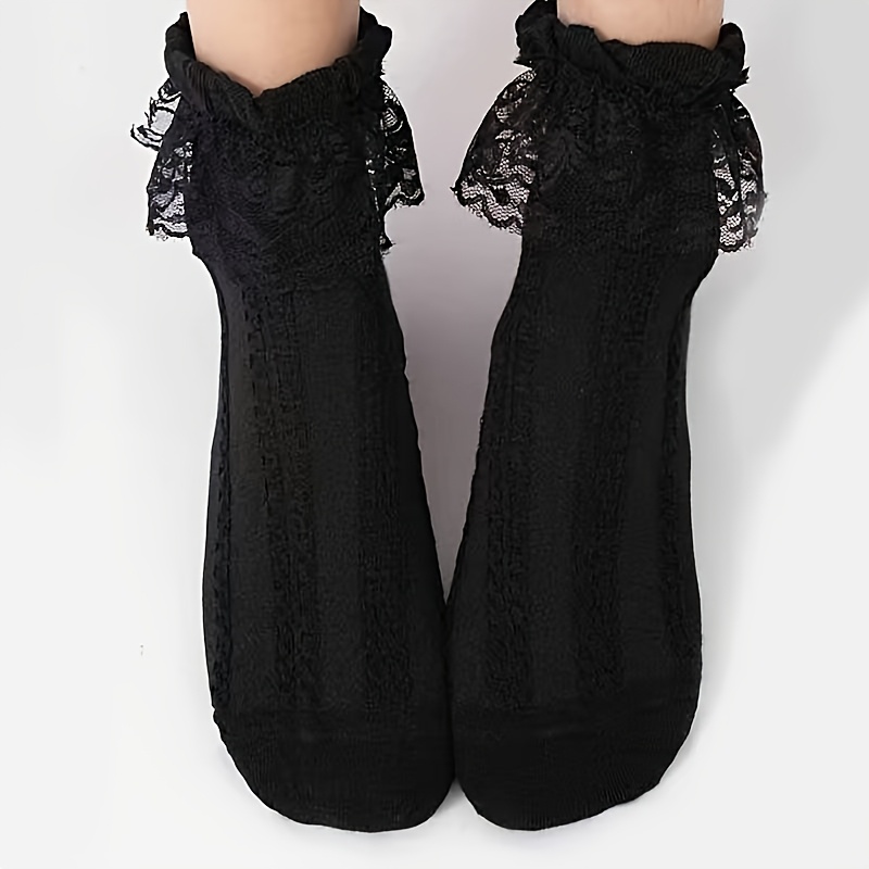 TEMU 1 Paar einfarbige schwarze Spitzensaum-Socken für Tanz, Damen Wadenhohe Spitzensaum-Socken