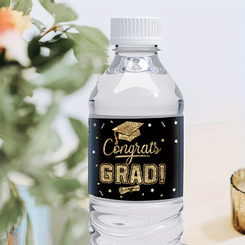 

20pcs, Graduation Label Water Bottle Decal, Black And Golden Water Bottle Packaging Label Decal, Graduation College High School Senior Party Gift Water Bottle Labels