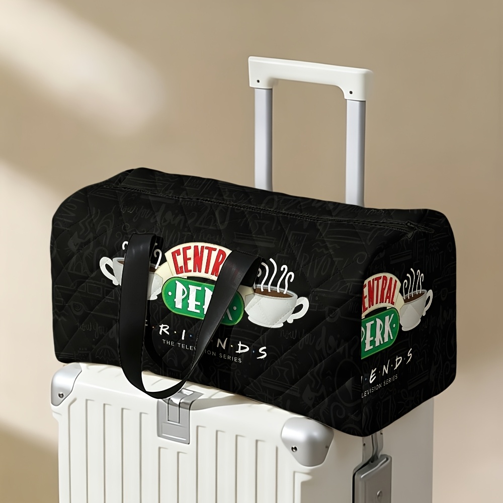 TEMU 1pc Logo Black Background Pattern Travel Bag, Casual Yoga Fitness Tote, Suitable For Short Trips, Weekend , And Daily