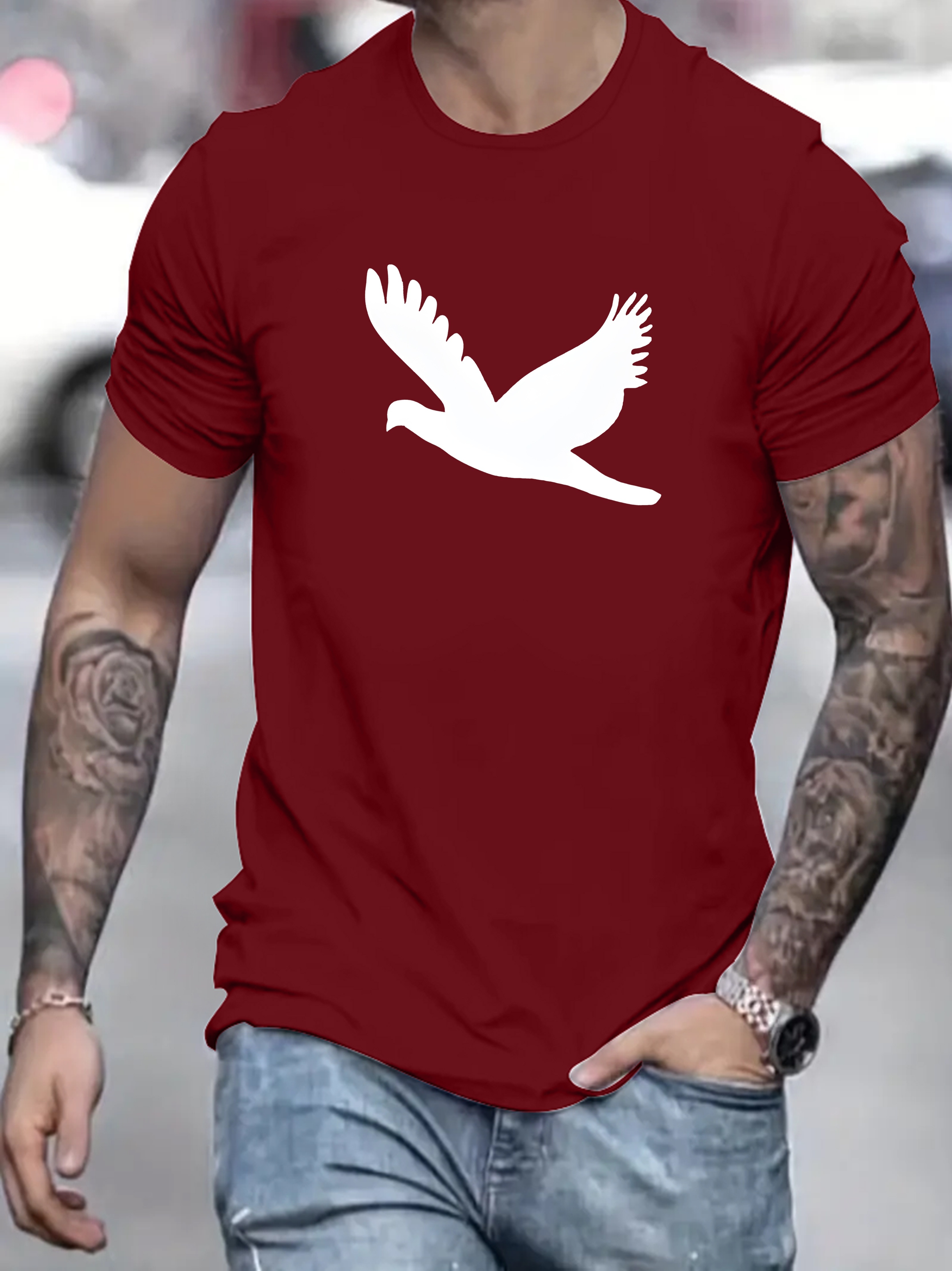 Round Neck Short Sleeve Tee White Eagle Print Men's Fashion - Temu Canada