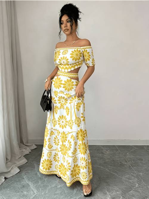 womens floral print off shoulder short sleeve hollow out waist fashion dress