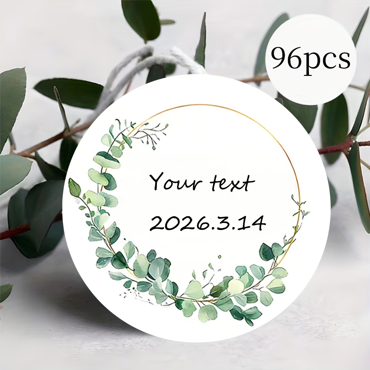 TEMU Adesivi personalizzati da 48/96 pezzi, adesivi rotondi "Eucalipto Nuziale", contenuto testuale personalizzabile, design a tema matrimonio con