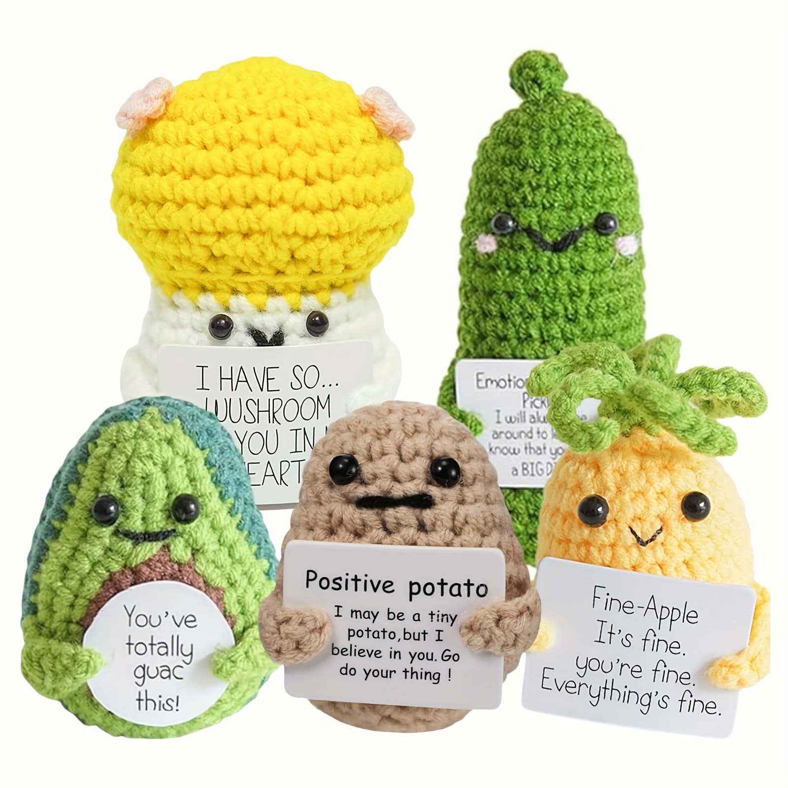 

5pcs Cute Emotional Support Plush Dolls Set - Positive Pickle, Potato, Avocado With Inspirational Cards - Crochet Crafted Encouragement Gifts For Friends