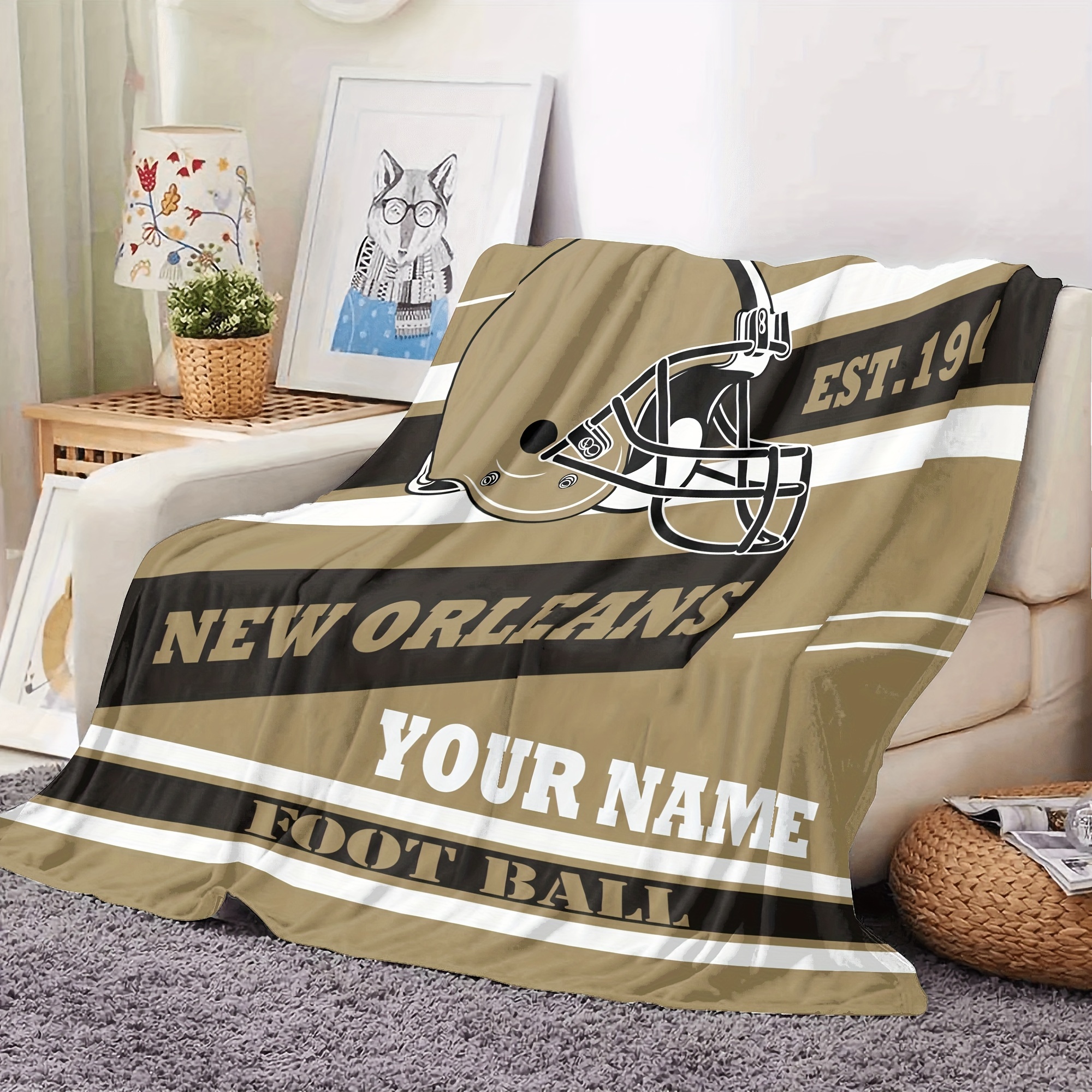 

1pc Customizable New Orleans Football Fleece Throw Blanket, Personalized Text, Allergy-free, Machine Washable, , Knitted Polyester, Ideal Fans, Home Kitchen Decor, Rectangular Shape