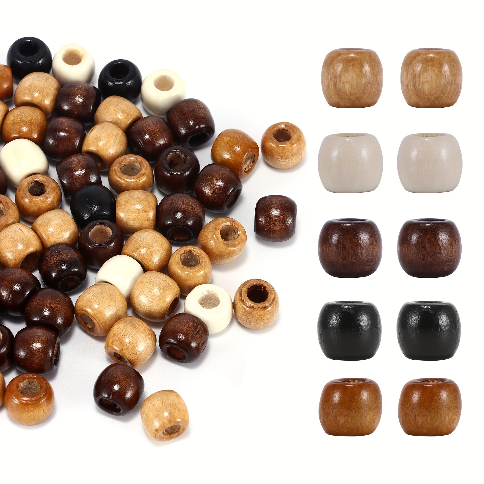 

200pcs Large Hole Barrel Wood European Loose Beads Natural Wooden Dreadlock Hair Braid Beads For Hair Braids Jewelry Bracelet Necklace Making